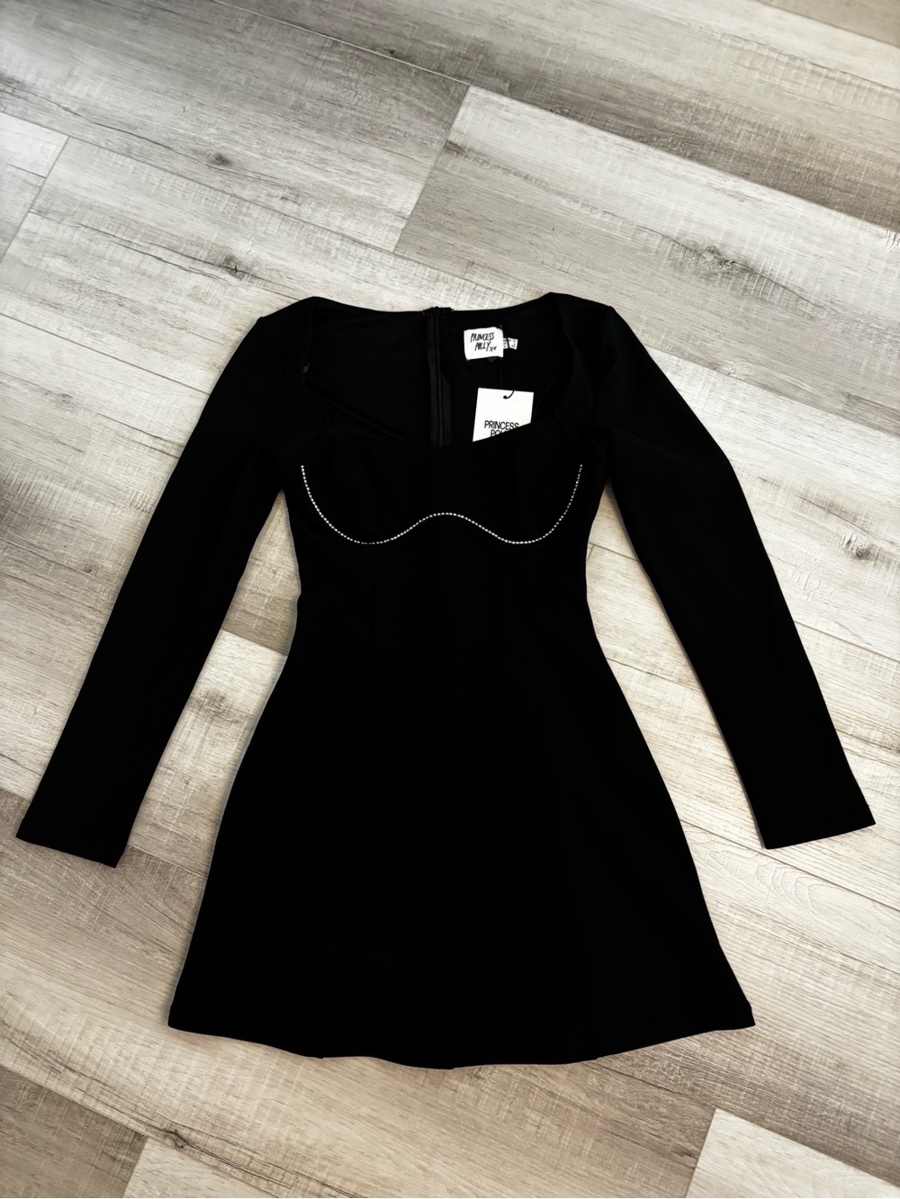 Princess Polly Black Rhinestone Trim Long Sleeve Mini Dress Size 6 - Picture 3 of 11